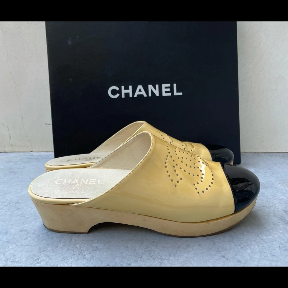 CHANEL Yellow Patent Leather Mules with Black Cap Toe